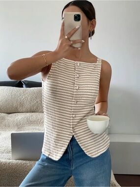 Striped Cream and White Button-Front Sleeveless Camisole